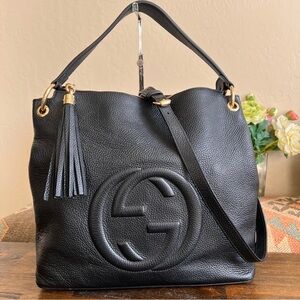 GUCCI “SOHO” Black Pebbled Leather Tassel Double Strap Hobo